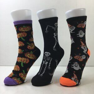 Womens Crew Socks Set 3 Halloween Jack-o-Lantern Skeletons Ghosts Black Orange